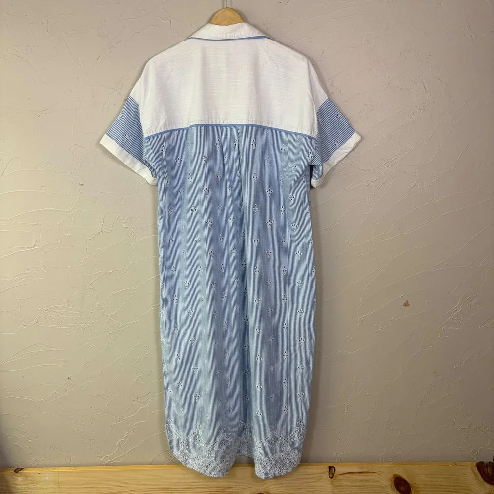 Anthropologie Eyelet Striped Midi Shirtdress Women L Blue White Coastal Cottage
